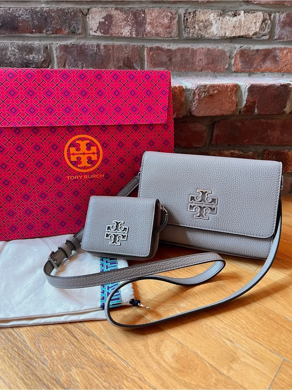 Tory Burch French Gray Leather Britten Combo Crossbody Bag & Bifold Wallet Set